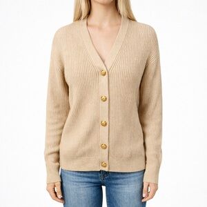 Cielo V-Neck Cardigan Sweater Cream Rib Knit Crop Career Chic Soft Size M